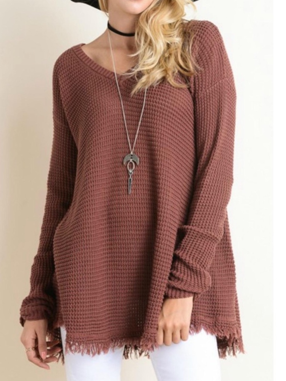 Wishlist | Boho Fringe Waffle Knit Faded Rust Brown Ruched Sleeve Sweater Medium